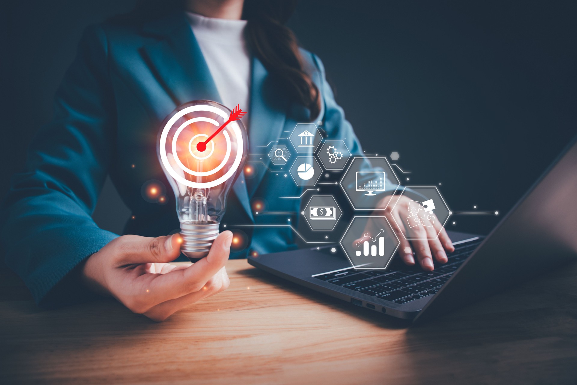 Woman'hand holding Light bulb show business process management icons. Concept of achieving business goal, strategic, planning, work performance is influenced by skills, abilities, competence.